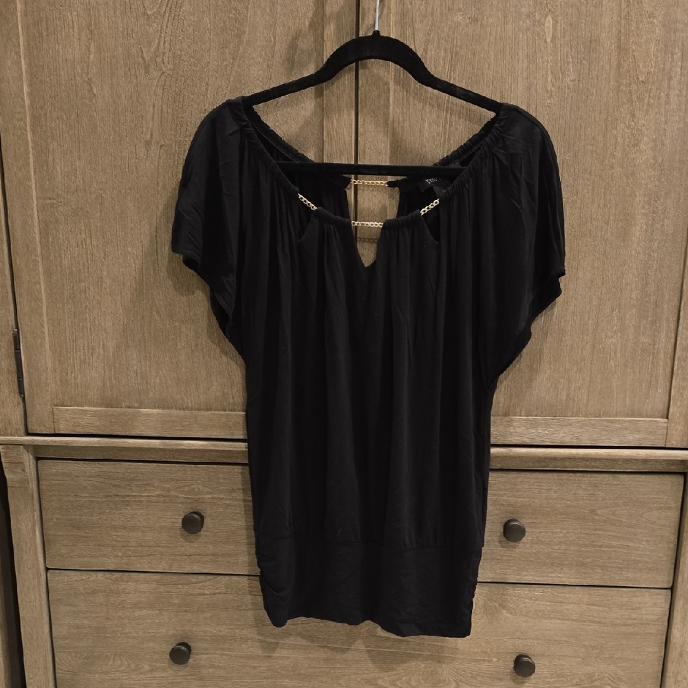 White House Black Market Black Blouse with Gold Chain Accents
